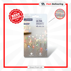 Premier 40 LED Indoor Christmas Lights Multi Coloured Silver Wire Timer