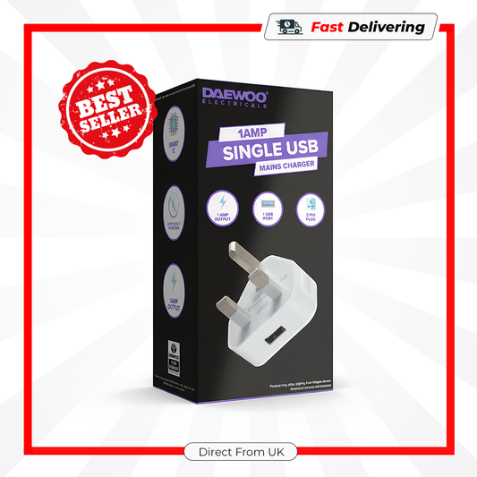 Daewoo Single USB Mains Charger 1A UK Plug Fast Charge Mobile Adapter