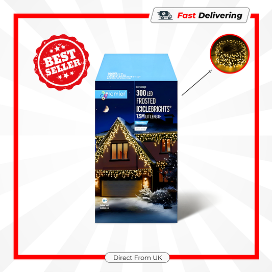 Premier 300 LED Frosted Cap Icicle Lights Warm White Multi Action Xmas Decor