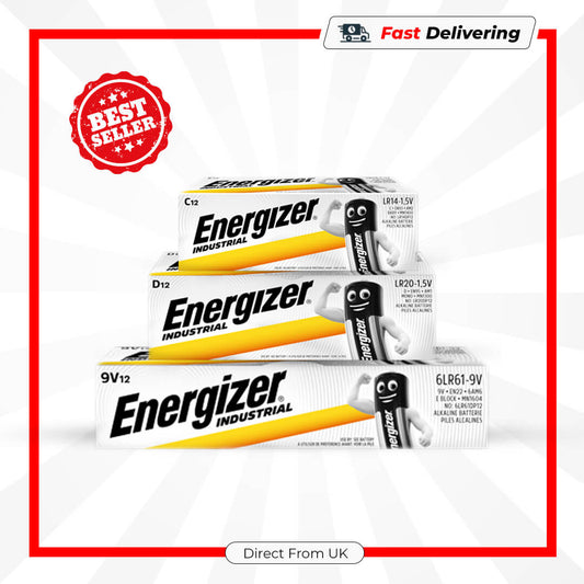 3x Energizer 9V, C & D Industrial Alkaline Batteries Smoke Alarm LR61 LR20 LR14