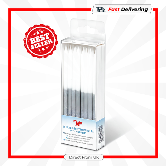 Tala 24 Silver Glitter Birthday Candles With Holders Party Cake Decoration