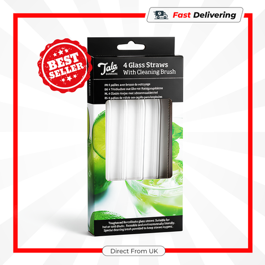 Tala Barware 4 Reusable Bent Glass Straws with Cleaning Brush Eco Friendly Set