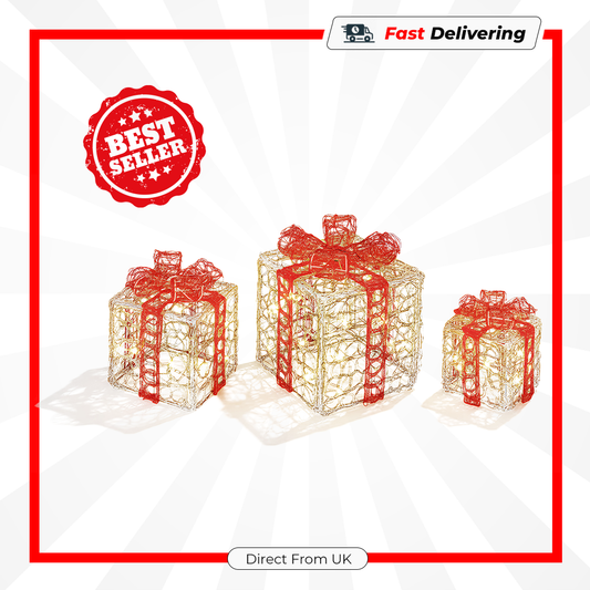 Premier Acrylic Clear Red Parcels 3 Piece with White LED Christmas Decorations