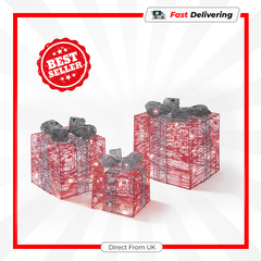 Premier 3 Piece Red Parcel Set with Silver Bow Christmas Light Decoration