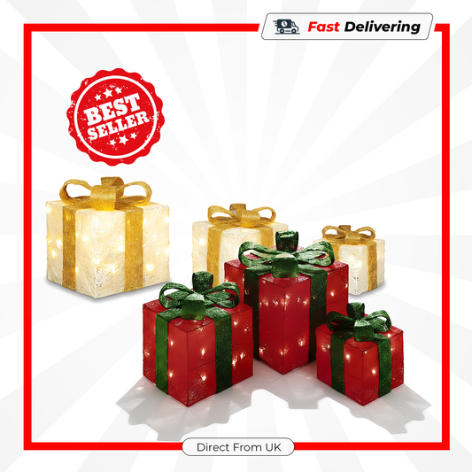 Premier 3 Piece LED Glitter Parcels Cream & Gold Christmas Decoration Set