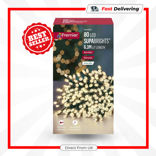 Premier 80 LED Supabrights Warm White Lights with Timer Green Cable Indoor