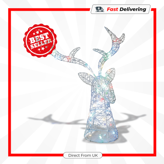 Premier White Lit Stags Head 42cm Multi Colour LED Christmas Decoration