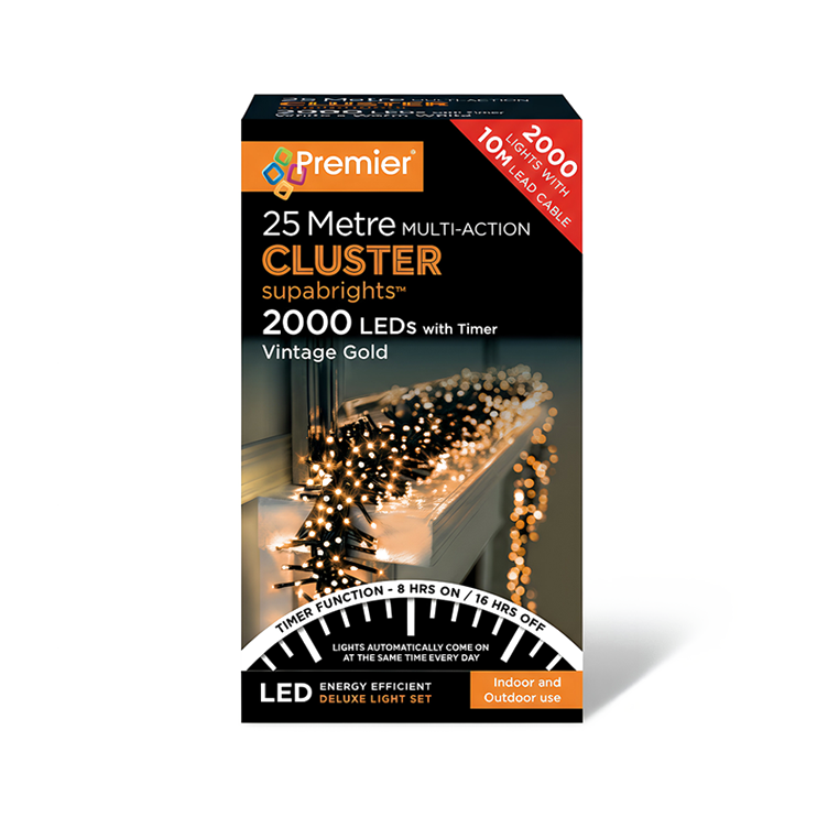 2000 LED Multi Action Supabrights Cluster Lights Vintage Gold Green Cable Timer
