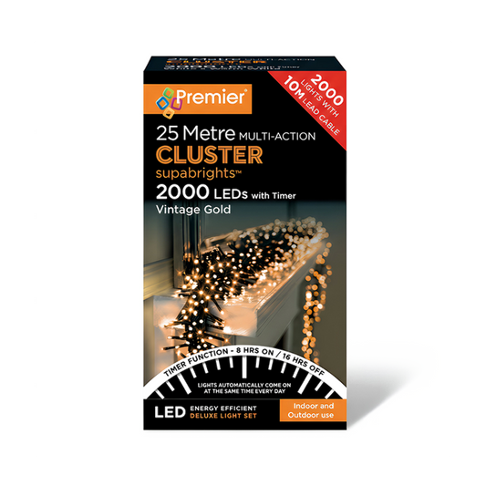 2000 LED Multi Action Supabrights Cluster Lights Vintage Gold Green Cable Timer