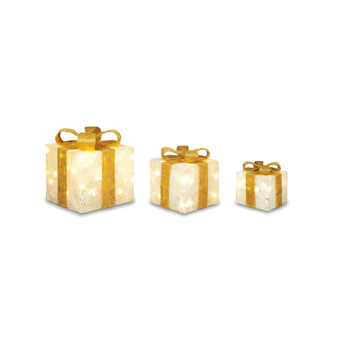 Premier 3 Piece LED Glitter Parcels Cream & Gold Christmas Decoration Set