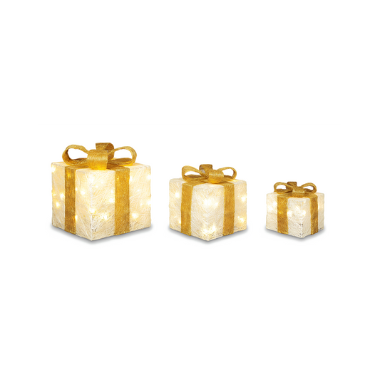 Premier 3 Piece LED Glitter Parcels Cream & Gold Christmas Decoration Set