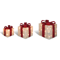 Premier 3 Piece LED Glitter Parcels Cream & Gold Christmas Decoration Set