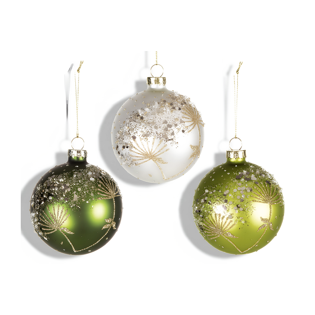 Premier Glass Bauble 80mm Flower Glitter Christmas Tree Decoration
