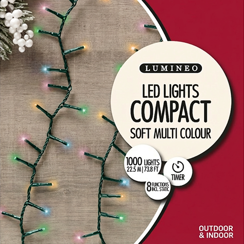 Kaemingk 1000 LED Compact String Lights Soft Multi Coloured Christmas Decor