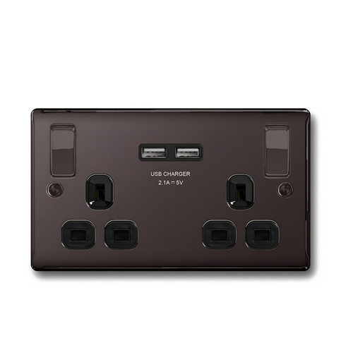 BG 13A 2 Gang Switched Socket USB Black Nickel Double Plug with Black Inserts