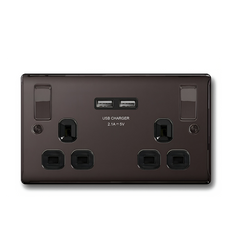 BG 13A 2 Gang Switched Socket USB Black Nickel Double Plug with Black Inserts