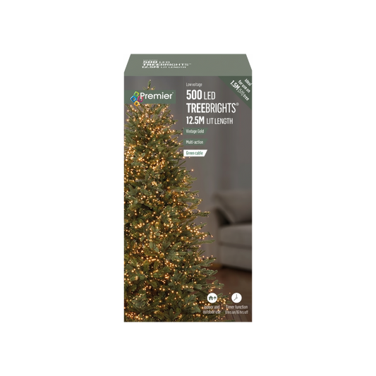 Premier 500 LED Multi Action Christmas Tree Lights Timer Vintage Gold Green Cable