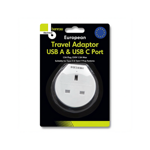 Benross European Travel Adapter 1 Way Plug USB-A USB-C Phone Charger