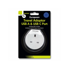 Benross European Travel Adapter 1 Way Plug USB-A USB-C Phone Charger