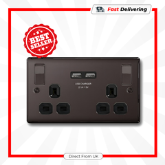BG 13A 2 Gang Switched Socket USB Black Nickel Double Plug with Black Inserts