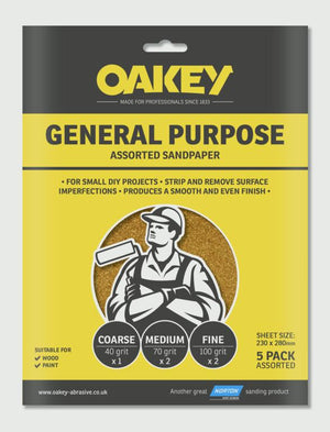Oakey General Purpose Sandpaper 5 Pack Assorted (1 x C, 2 x M, 2 x F) 280 x 230mm