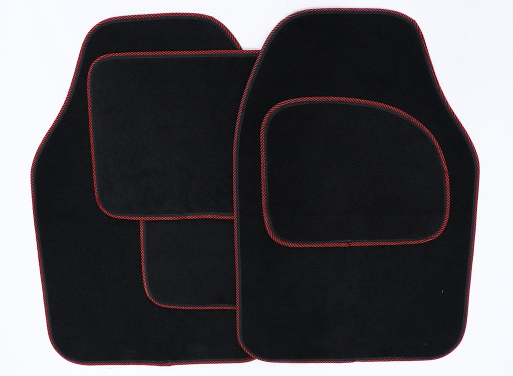 Streetwize Velour Carpet Mat Set with Coloured Binding 4 Piece Black/Red