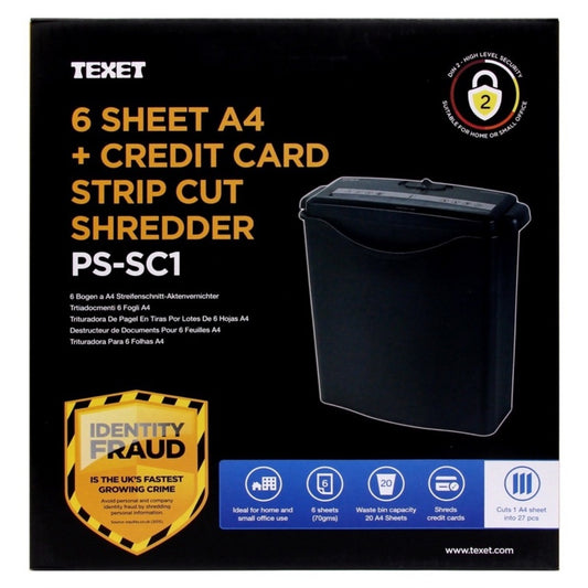 Texet 6 Sheet A4 & Credit Card Shredder Strip Cut