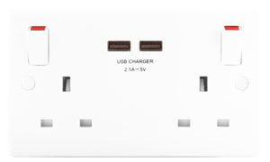 BG 2 Gang 13a Switched Socket With Outboard Rockers + 2 x USB (2.1A) White