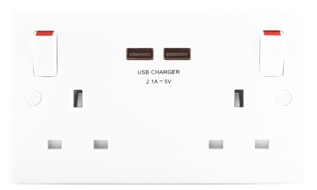 BG 2 Gang 13a Switched Socket With Outboard Rockers + 2 x USB (2.1A) White
