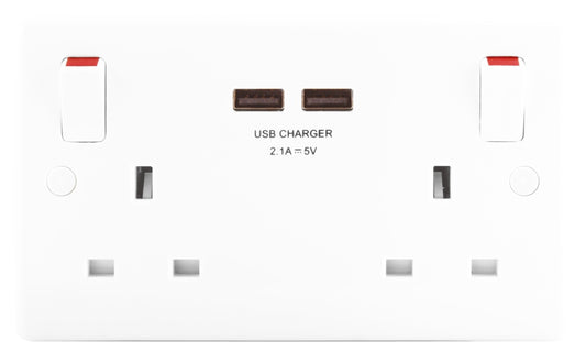 BG 2 Gang 13a Switched Socket With Outboard Rockers + 2 x USB (2.1A) White