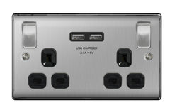 BG 13a 2 Gang Switch Socket & USB Brushed Steel With Black Inserts