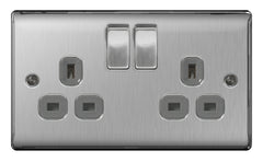 BG 13a 2 Gang Switch Socket Brushed Steel With Grey Inserts