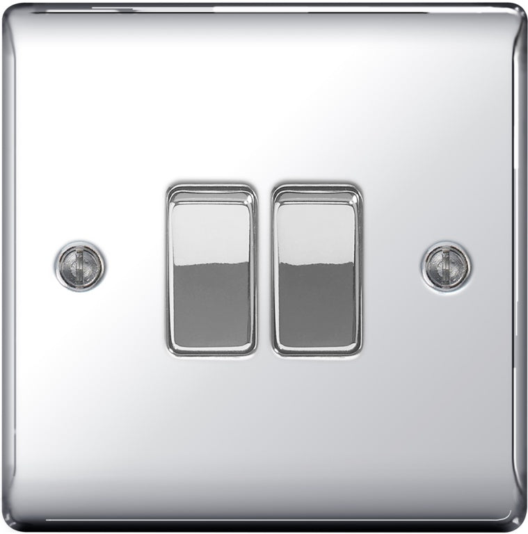 BG Metal Chrome 10ax Plate Switch 2 Way 2 Gang