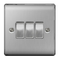 BG Brushed Steel 10ax Plate Switch 2 Way 3 Gang