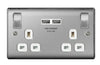 BG 13a 2 Gang Switch Socket & USB Brushed Steel With White Inserts