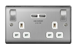 BG 13a 2 Gang Switch Socket & USB Brushed Steel With White Inserts