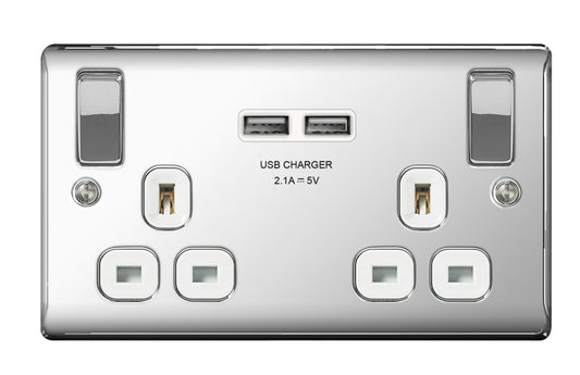 BG 13a 2 Gang Switch Socket & USB Brushed Steel With White Inserts