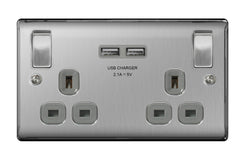 BG 13a 2 Gang Switch Socket & USB Brushed Steel With Grey Inserts