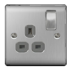 NEXUS Brushed Steel Switched Socket 13a Black Inset 1 Gang