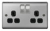 BG 13a 2 Gang Switch Socket Brushed Steel With Black Inserts