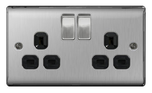 BG 13a 2 Gang Switch Socket Brushed Steel With Black Inserts