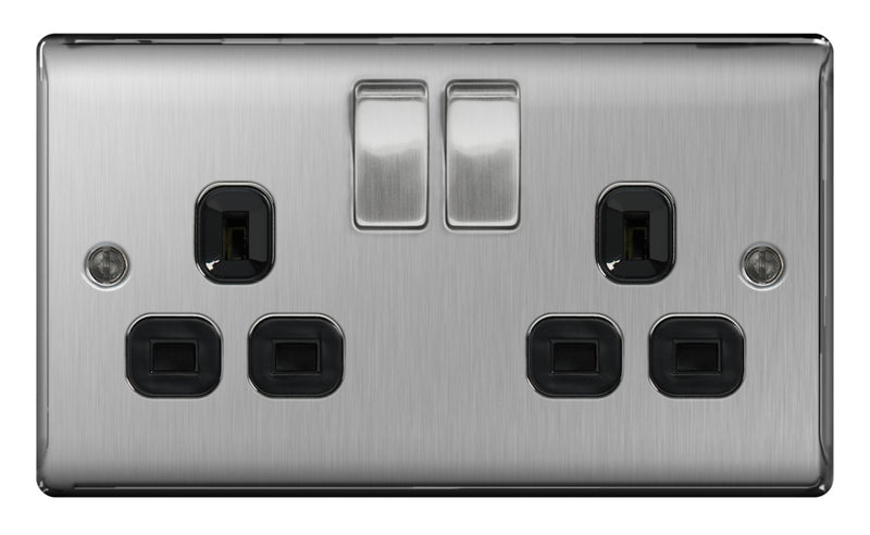 BG 13a 2 Gang Switch Socket Brushed Steel With Black Inserts