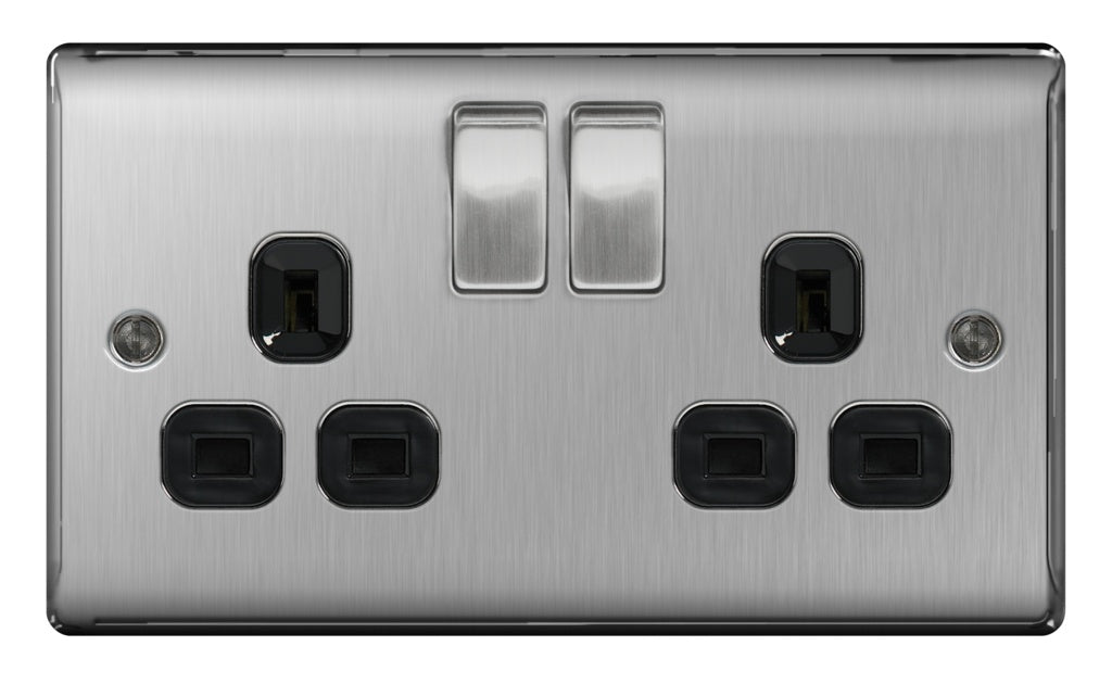 BG 13a 2 Gang Switch Socket Brushed Steel With Black Inserts