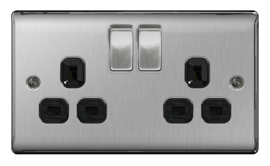 BG 13a 2 Gang Switch Socket Brushed Steel With Black Inserts