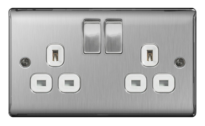 BG 13a 2 Gang Switch Socket Brushed Steel With Black Inserts