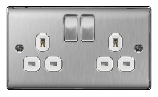 BG 13a 2 Gang Switch Socket Brushed Steel With Black Inserts