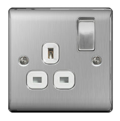 NEXUS Brushed Steel Switched Socket 13a White Inset 1 Gang
