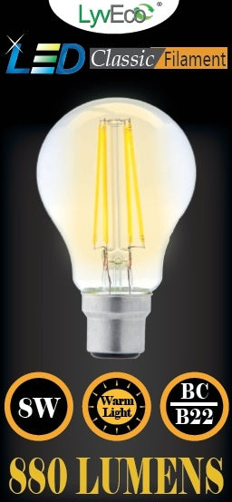 Lyveco BC Clear LED 8 Filament 880 Lumens GLS 2700K 8 Watt