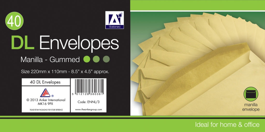 A Star DL Gummed Manila Envelopes Pack 30