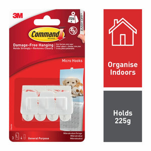 Command™ Micro Hooks 3 Hooks, 4 Small Strips